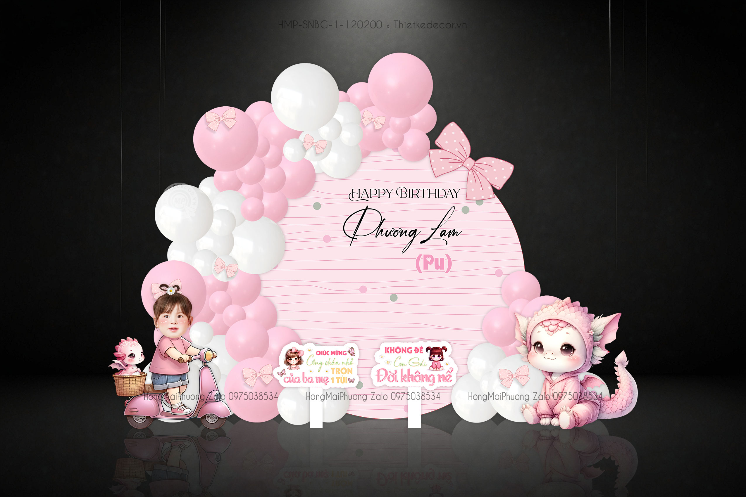 Sinh nhật bé gái back tròn tuổi rồng gắn nơ tone hồng